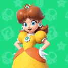 princess daisy is standing with her hands on her hips in a yellow dress .