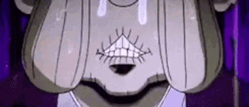 a close up of a cartoon character 's face with stitches on it and a purple background .
