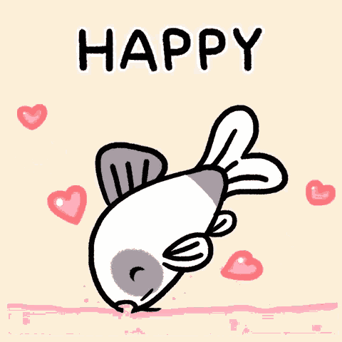 a cartoon of a fish with hearts and the words happy