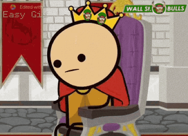 a cartoon character wearing a crown is sitting in a chair with a wall street bulls banner behind him