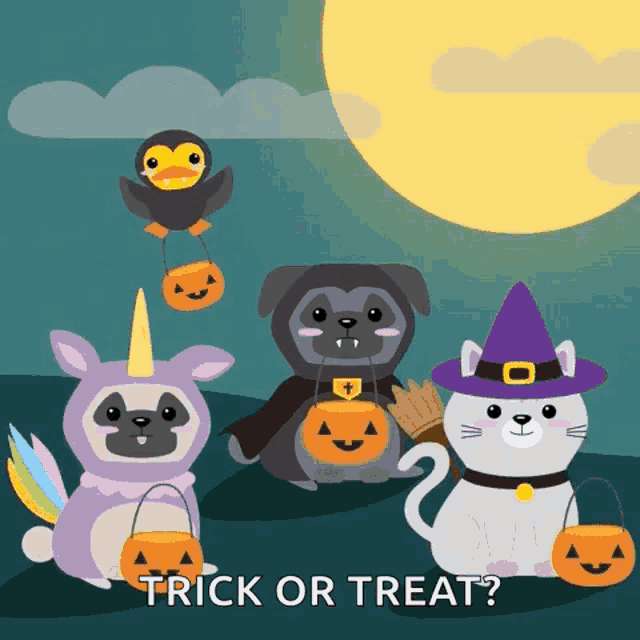 a group of animals dressed up for halloween with the words trick or treat written below them