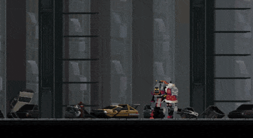 a pixel art drawing of santa claus standing in front of a building