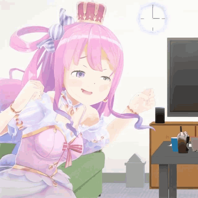 a girl with pink hair and a crown stands in front of a clock