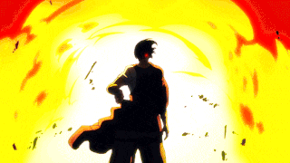 a silhouette of a man standing in front of a bright yellow and red background