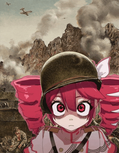 a girl with pink hair is wearing a military helmet