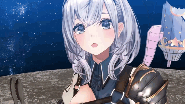 a girl with white hair and blue eyes is standing in front of a blue sky