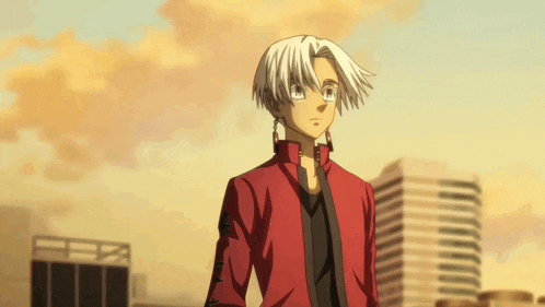 a man in a red jacket is standing in front of a city .