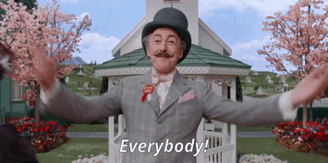 a man wearing a top hat and bow tie says everybody