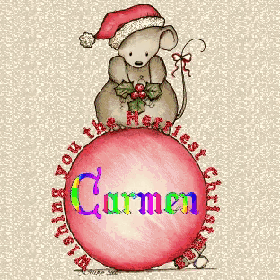a mouse wearing a santa hat is sitting on top of a christmas ball with the name carmen on it