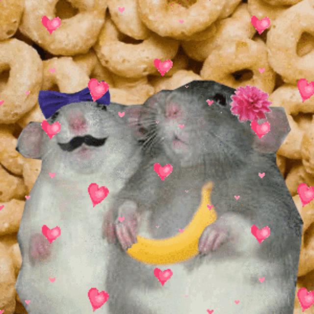 a couple of mice are standing next to each other holding a banana