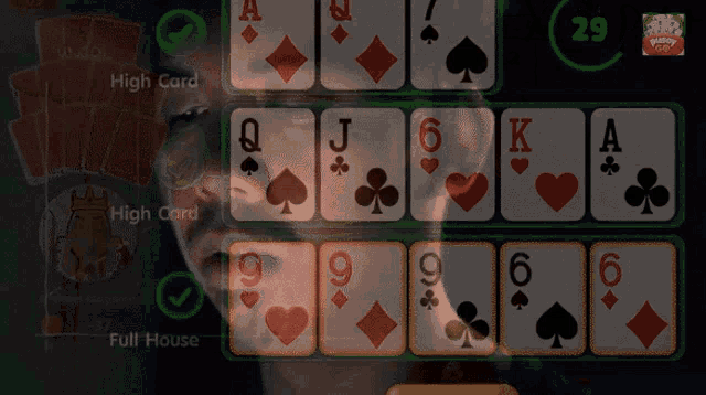 a man playing a game of poker with the number 29 visible