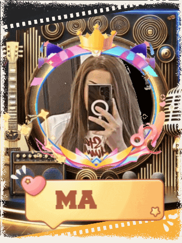a woman taking a picture of herself in a frame with the name ma on it
