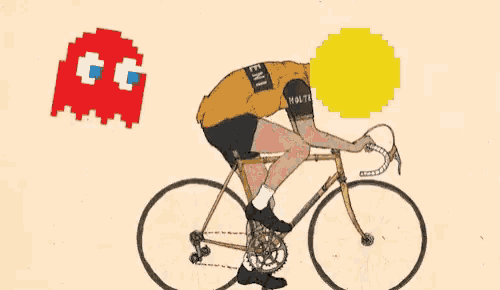 a cartoon of a man riding a bike with a pixelated ghost in the background