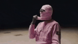 a person wearing a pink ski mask and gloves is standing on a beach .
