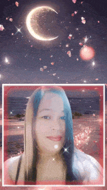 a woman with a crescent moon behind her