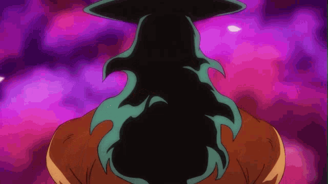 the back of a cartoon character with a purple background