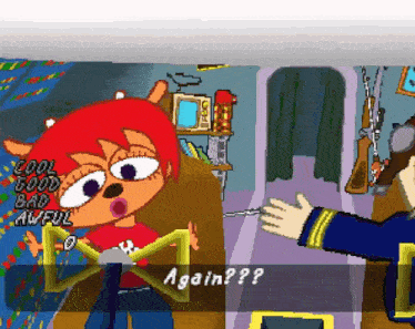 a cartoon of a girl talking to a man in a room with the words again on the bottom right