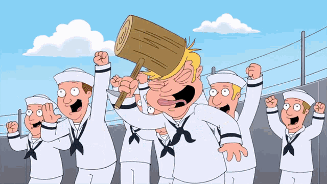 a group of cartoon sailors are cheering and one of them is holding a wooden stick
