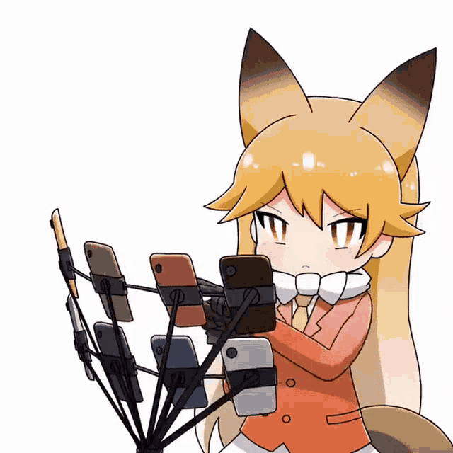 a cartoon of a fox girl holding a bunch of cell phones