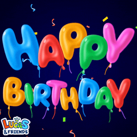 colorful balloons spell out the words happy birthday on a dark blue background