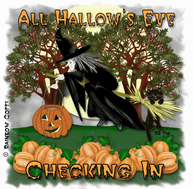 an all hallow 's eve checking in poster with a witch on a broom