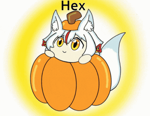 a cartoon of a fox in a pumpkin with the word hex written above it