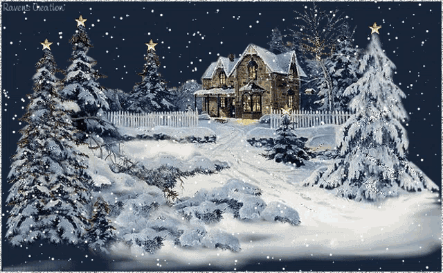 a snowy scene with a house and trees and the words ravens creation on the bottom