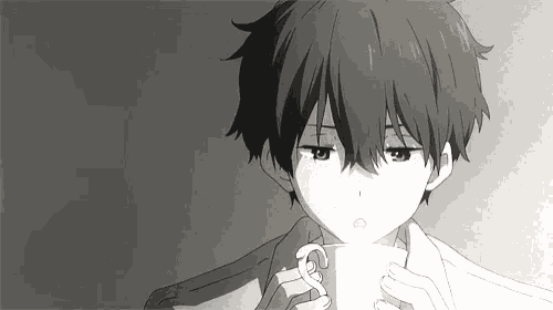 a black and white drawing of a boy with green eyes holding a cup .