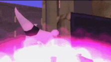 a cartoon character with horns is standing in a room with purple smoke coming out of the ceiling .