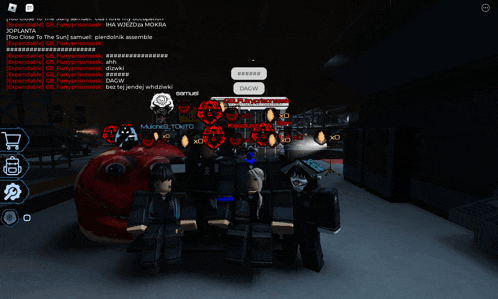 a group of people are standing in front of a large red fish in a video game called roblox