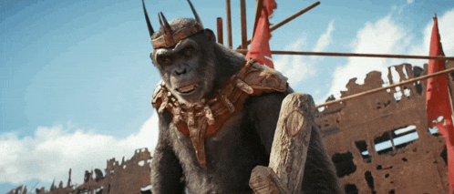 a monkey is wearing a crown and holding a sword