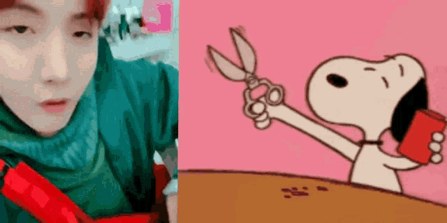 a cartoon of snoopy holding a pair of scissors next to a man