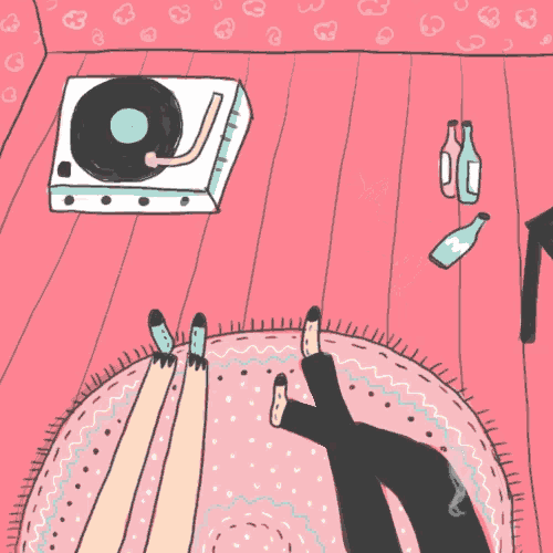 a drawing of a person laying on a rug with a record player