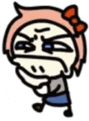 a cartoon character with pink hair and a bow on her head is making a funny face .