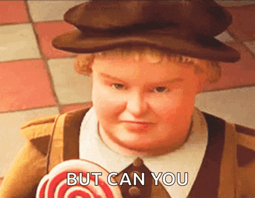 a cartoon character holding a lollipop with the words but can you written below him