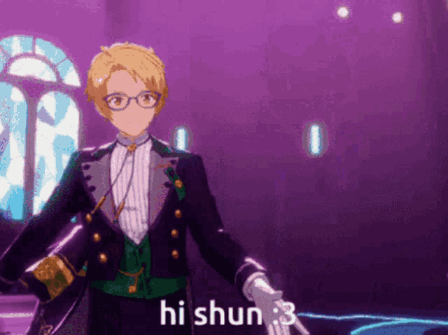 a man in a tuxedo is standing in front of a purple background and says hi shun 3