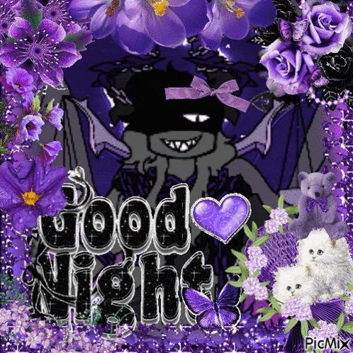 a picture of purple flowers with the words good night