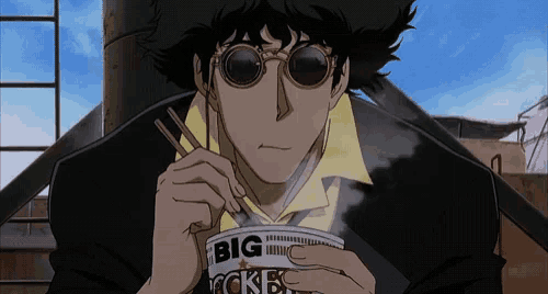 a cowboy bebop character is eating noodles with chopsticks from a bowl .
