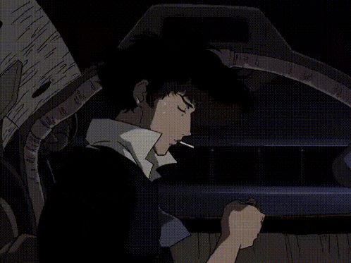a cowboy bebop character is smoking a cigarette