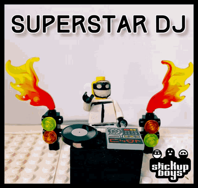 a poster for superstar dj shows a lego dj