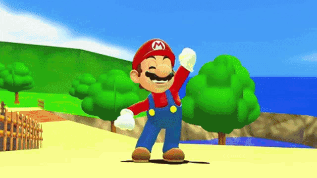 a video game character named mario is dancing on a beach