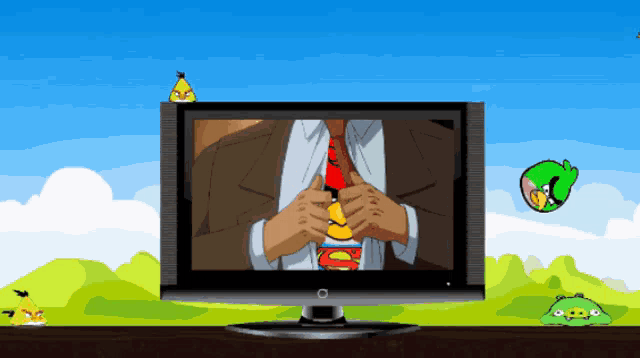 an angry birds game is being played on a television screen
