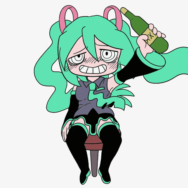 a cartoon drawing of a girl with green hair holding a beer bottle with the word xxx on it