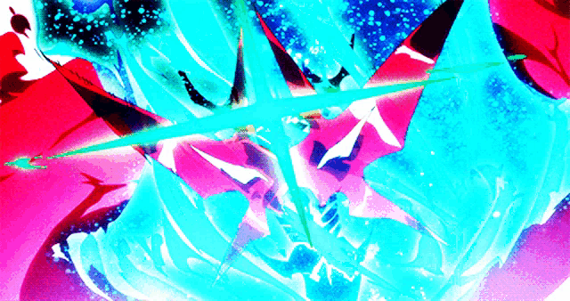 a painting of a person with a blue sword in the middle