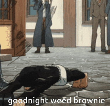 a man laying on the ground with the words goodnight weed brownie written below him