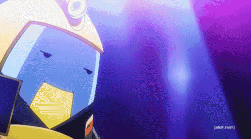 a cartoon character is standing in front of a purple background and a sign that says adult swim
