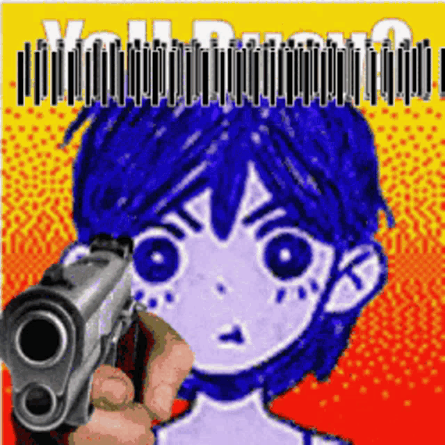 a person is holding a gun in front of a blue haired anime girl .