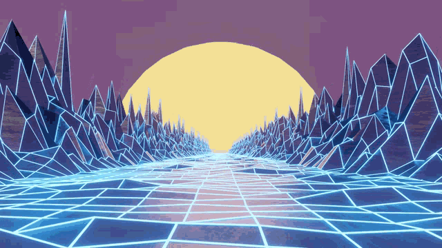 a computer generated image of mountains and a sun