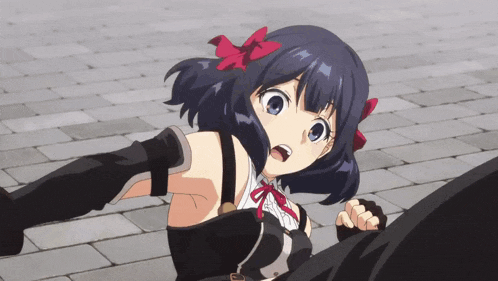 a girl with black hair and red bows on her hair is standing on a brick sidewalk