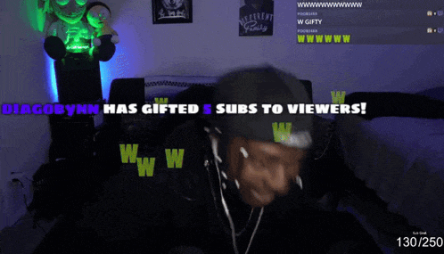 a screenshot of a video with the words " diogobynn has gifted subs to viewers "